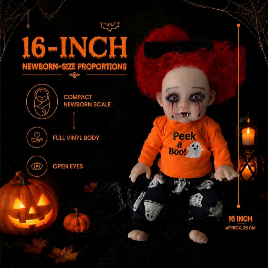 16 inch Halloween simulation rebirth doll with red curly hair, vampire shape, ghost print set, gift box doll
