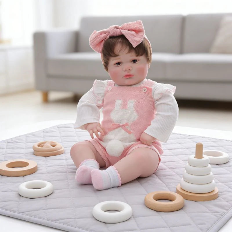 Muñeca bebé de vinilo realista de 26 pulgadas/65 cm con conjunto rosa y diadema con lazo – Muñeca coleccionable pintada a mano con ojos marrones