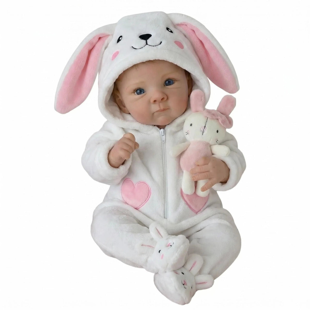 Muñecas bebé de 18 pulgadas (45 cm), muñeca recién nacida realista con cuerpo de tela suave y linda sonrisa, conjunto de conejo blanco unido, muñecas reborn para niños de 3 años en adelante