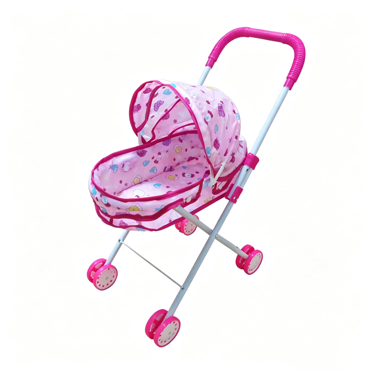 Cochecito de muñecas realista de 4 ruedas, carrito con mango y capota ajustables, cochecito de juguete seguro para niñas de más de 3 años