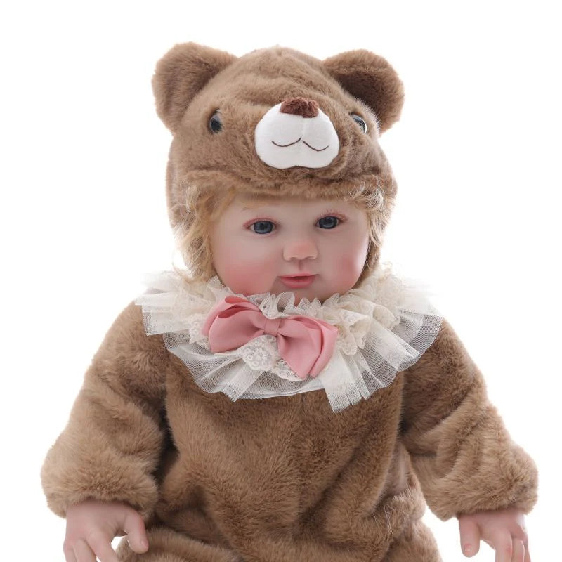 Muñeca bebé de vinilo realista de 28 pulgadas/70 cm con traje de oso de peluche marrón – Coleccionable pintado a mano con ojos acrílicos azules