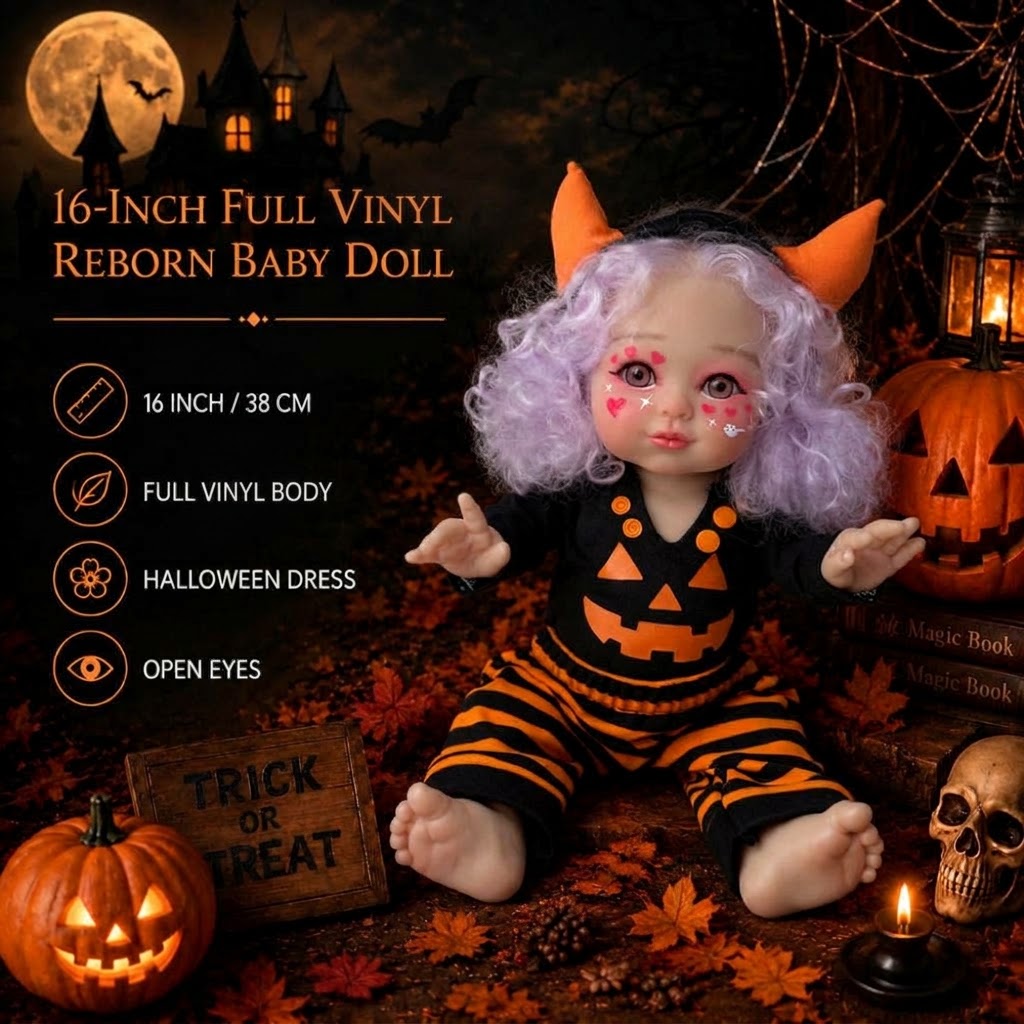 16 Inch Halloween Little Monster Reborn Doll Purple Curly Hair Open Eyes Full Vinyl Body