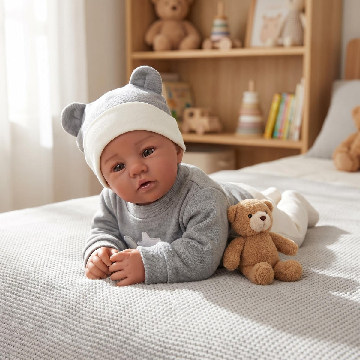Muñeca Reborn realista de 19 pulgadas, Abigail, tono de piel oscuro, cuerpo de tela suave, tacto tierno, piel pintada en 3D con venas visibles, muñeca coleccionable