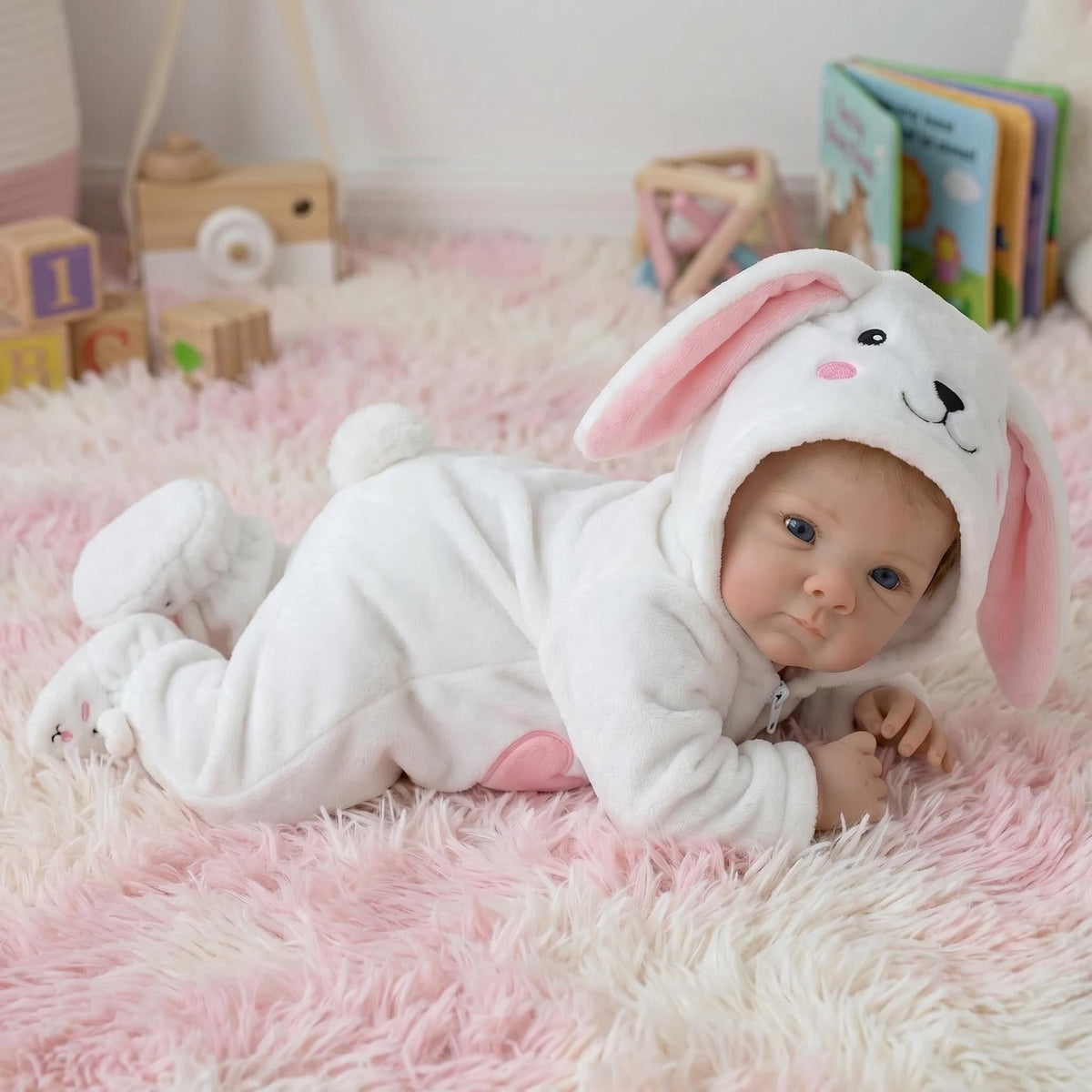 Muñecas bebé de 18 pulgadas (45 cm), muñeca recién nacida realista con cuerpo de tela suave y linda sonrisa, conjunto de conejo blanco unido, muñecas reborn para niños de 3 años en adelante