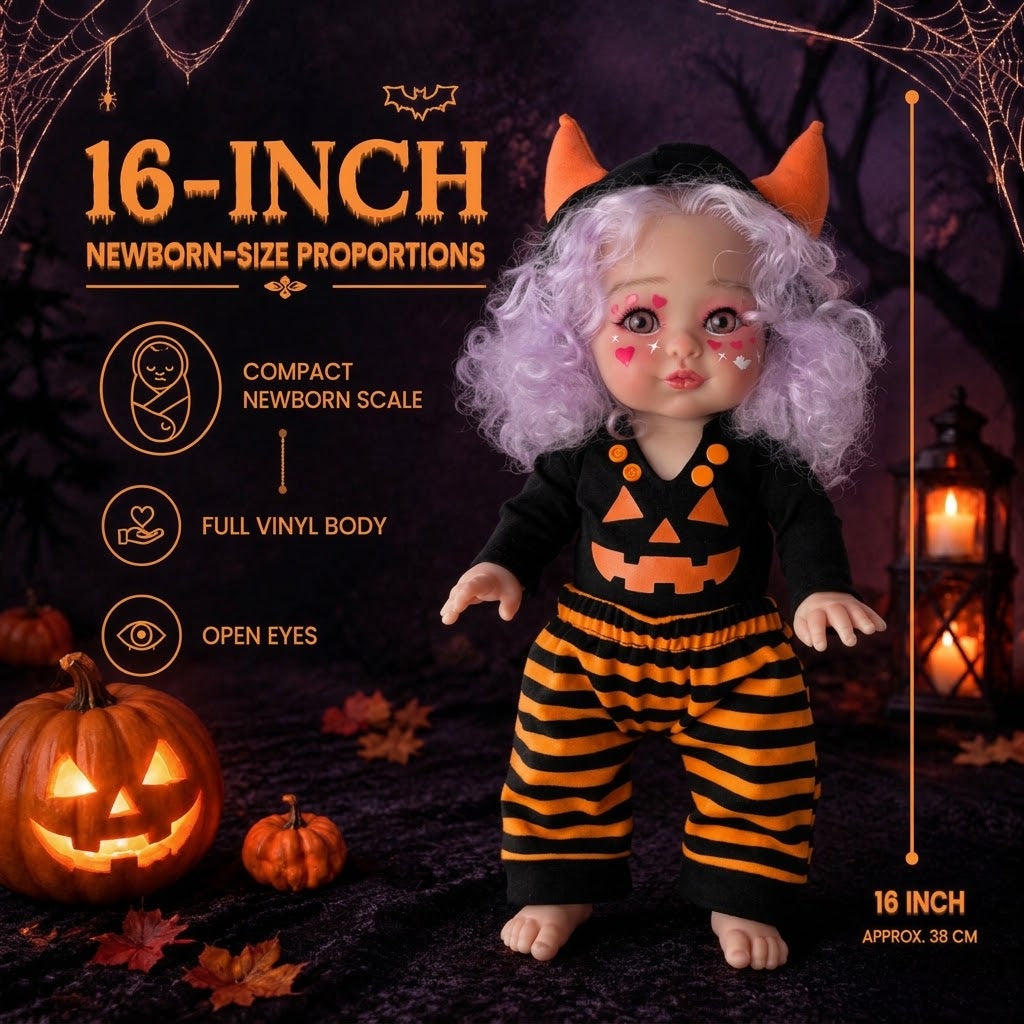 16 Inch Halloween Little Monster Reborn Doll Purple Curly Hair Open Eyes Full Vinyl Body