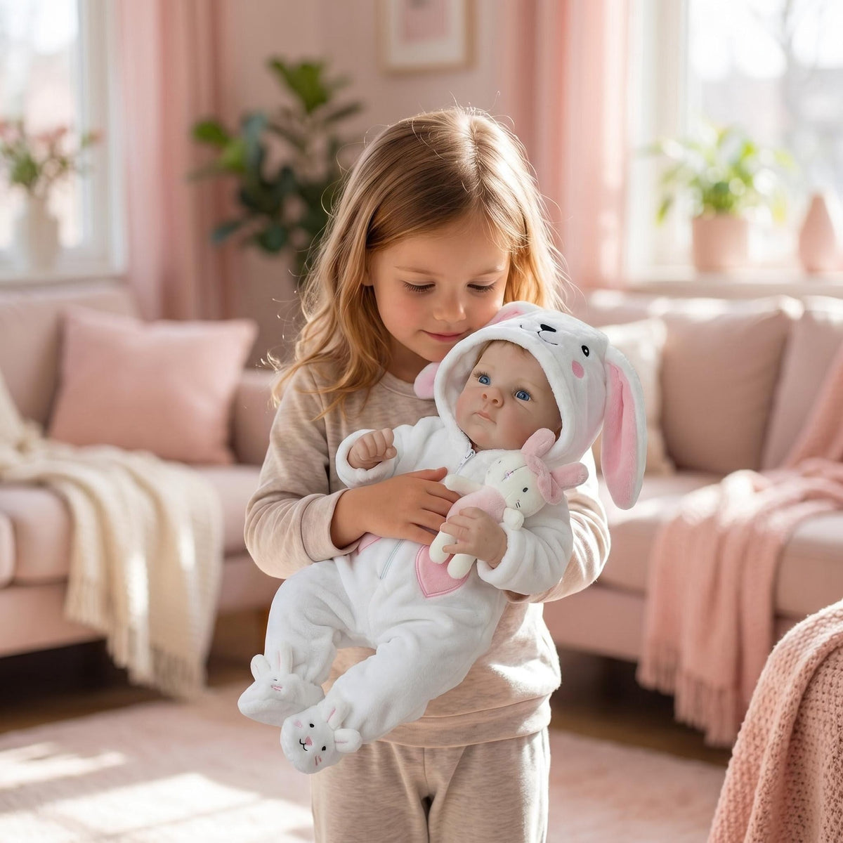 Muñecas bebé de 18 pulgadas (45 cm), muñeca recién nacida realista con cuerpo de tela suave y linda sonrisa, conjunto de conejo blanco unido, muñecas reborn para niños de 3 años en adelante