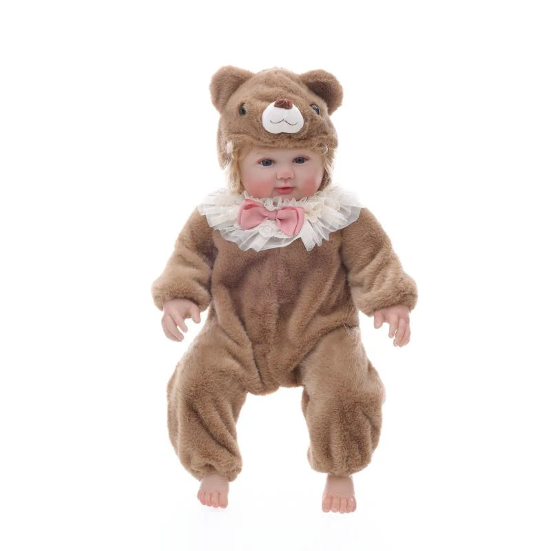 Muñeca bebé de vinilo realista de 28 pulgadas/70 cm con traje de oso de peluche marrón – Coleccionable pintado a mano con ojos acrílicos azules