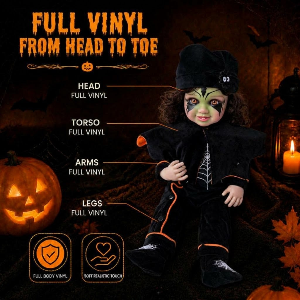 22 inch Halloween simulation vinyl rebirth doll brown curly hair spider web jumpsuit black cloak gift box toy