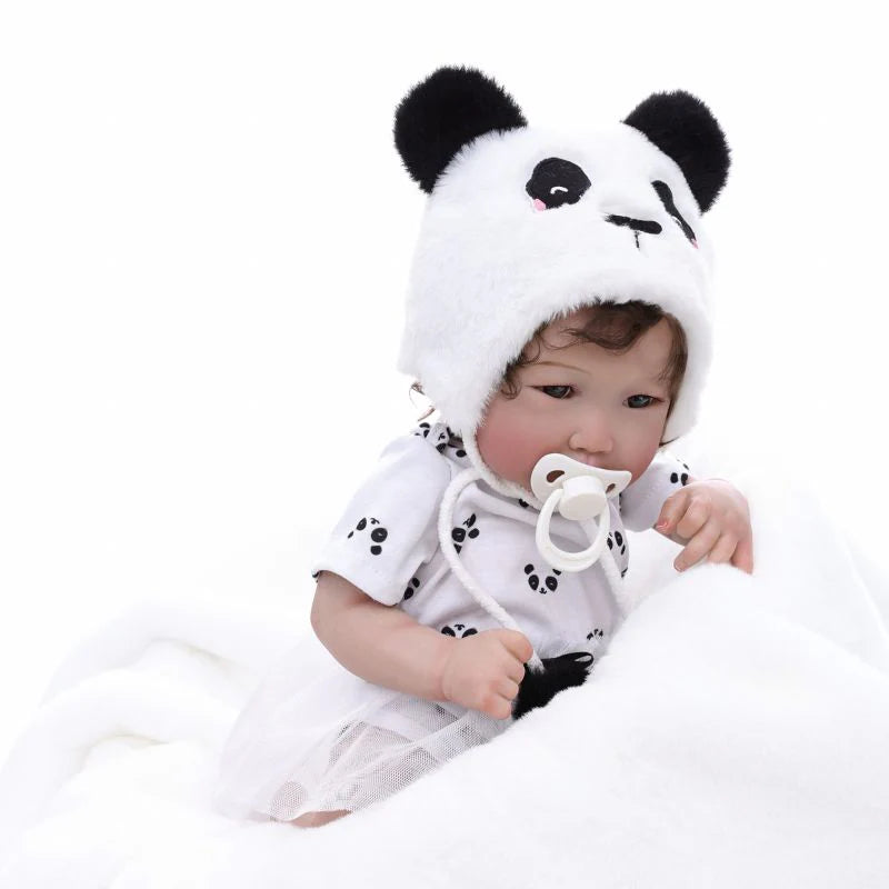 22-Inch/55cm Full-Body Vinyl Simulation Doll | Hand-Painted Makeup & Articulated Joints | Panda-Themed Plush Outfit - Reborn Doll Australia