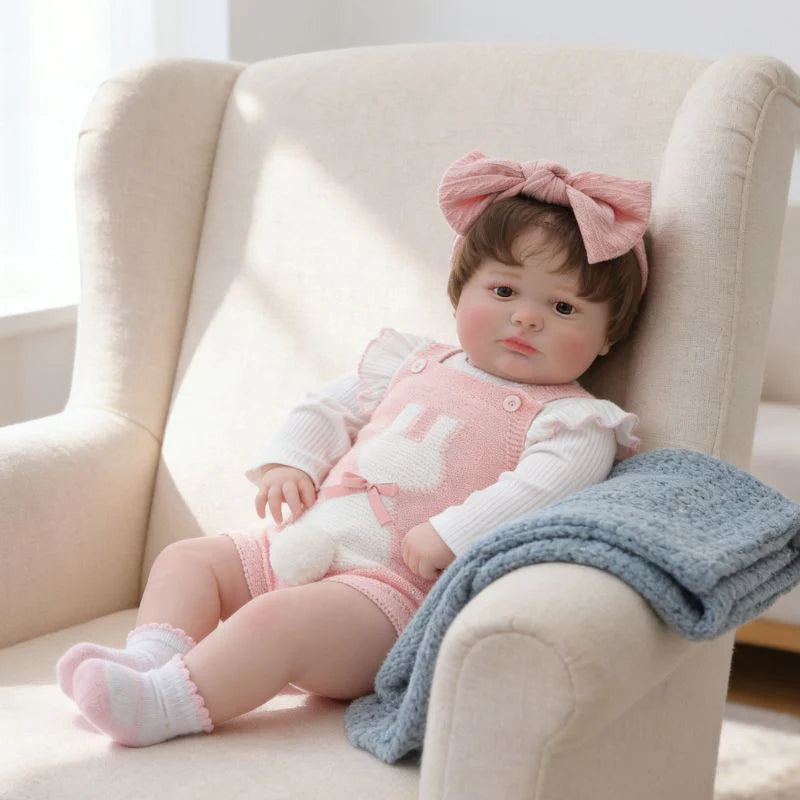 Muñeca bebé de vinilo realista de 26 pulgadas/65 cm con conjunto rosa y diadema con lazo – Muñeca coleccionable pintada a mano con ojos marrones