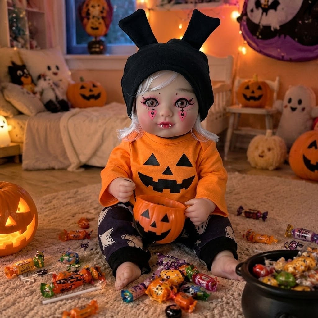 16 inch Halloween simulation reborn doll with silver curly hair, vampire shape, pumpkin top, ghost pants, bunny ears hat season gifts for chirld