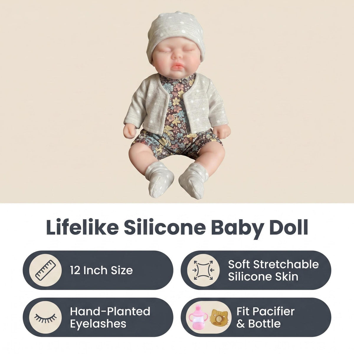 Muñeca reborn coleccionable de 12 pulgadas, bebé de silicona platino sólida y suave con cuerpo elástico de tacto real