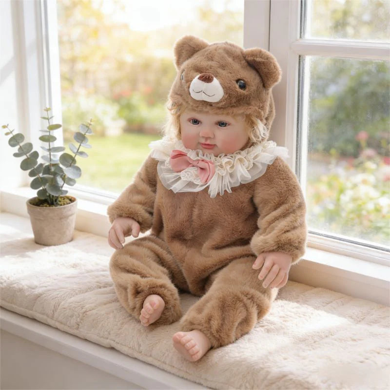 Muñeca bebé de vinilo realista de 28 pulgadas/70 cm con traje de oso de peluche marrón – Coleccionable pintado a mano con ojos acrílicos azules
