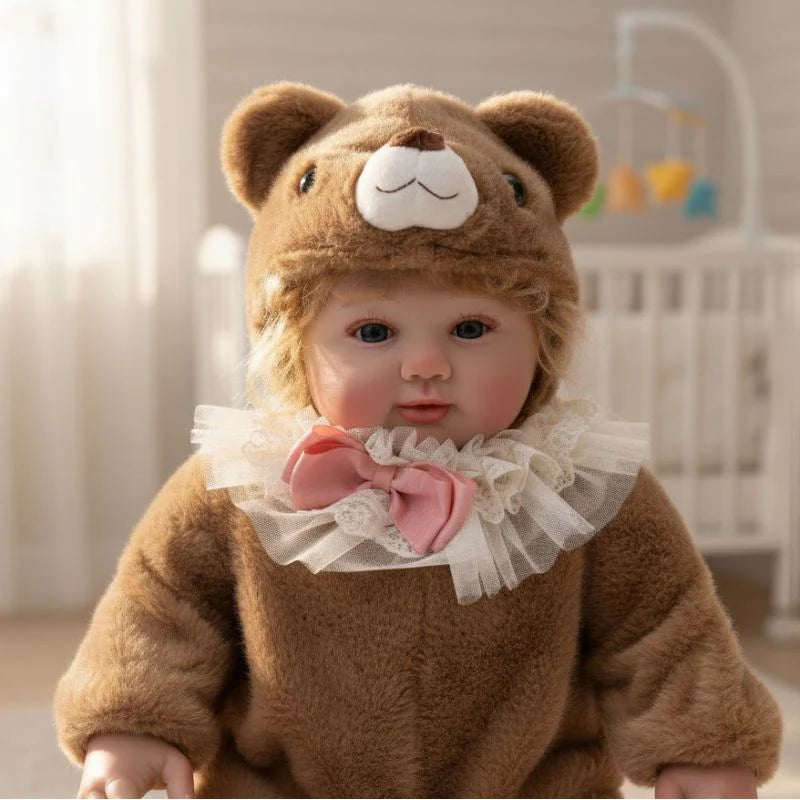Muñeca bebé de vinilo realista de 28 pulgadas/70 cm con traje de oso de peluche marrón – Coleccionable pintado a mano con ojos acrílicos azules