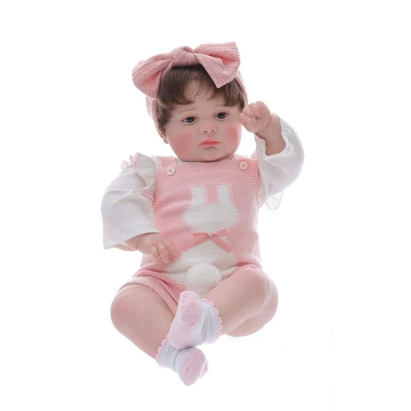 Muñeca bebé de vinilo realista de 26 pulgadas/65 cm con conjunto rosa y diadema con lazo – Muñeca coleccionable pintada a mano con ojos marrones