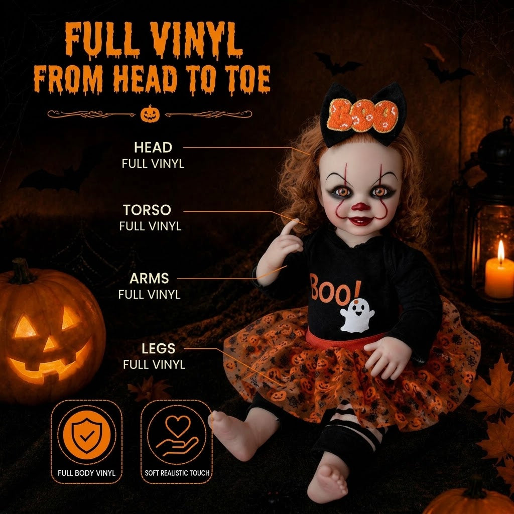 22 inch Halloween clown reborn doll with full vinyl body, orange curly hair, eyes open and pumpkin tutu, suitable as a gift for children, elders, and companions