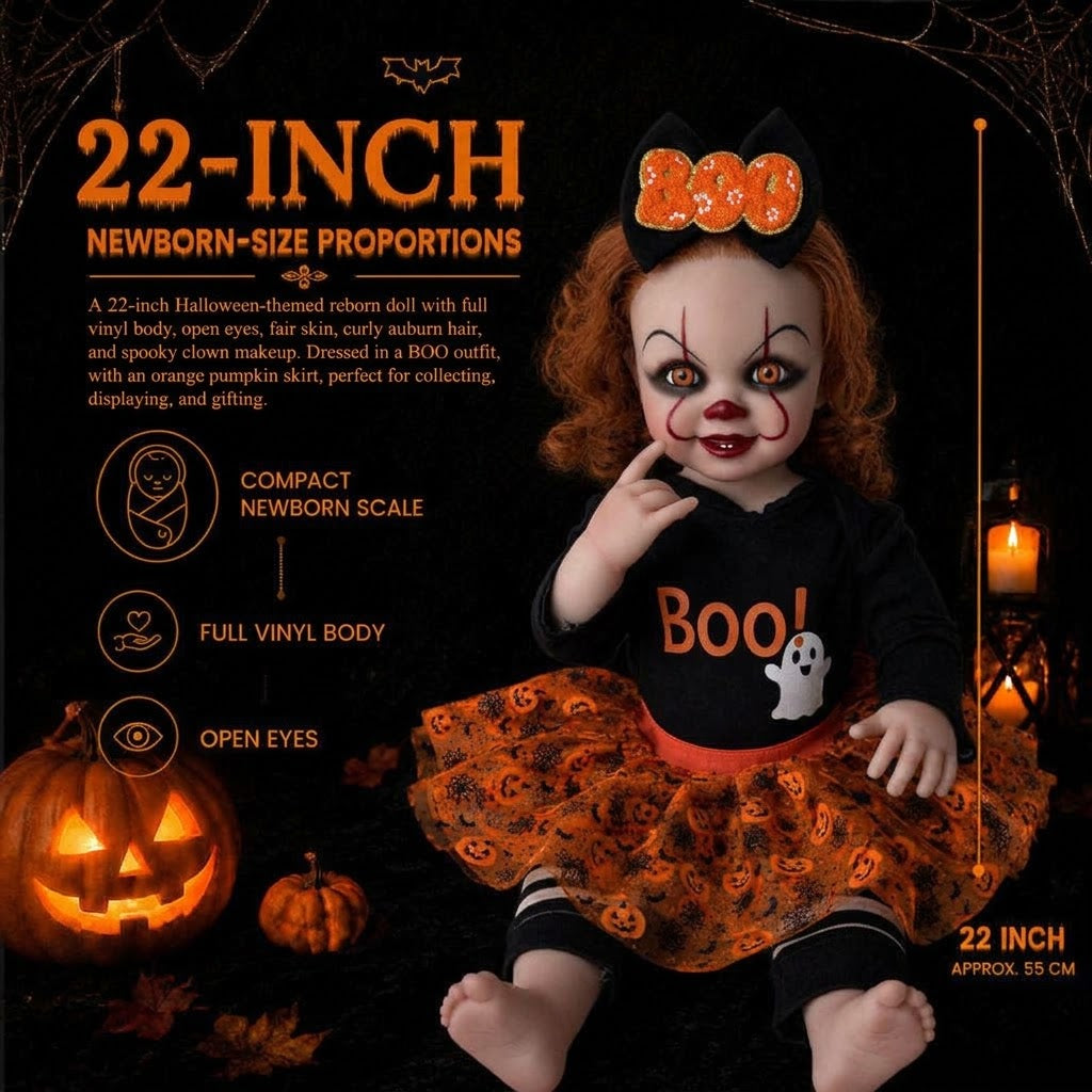 22 inch Halloween clown reborn doll with full vinyl body, orange curly hair, eyes open and pumpkin tutu, suitable as a gift for children, elders, and companions
