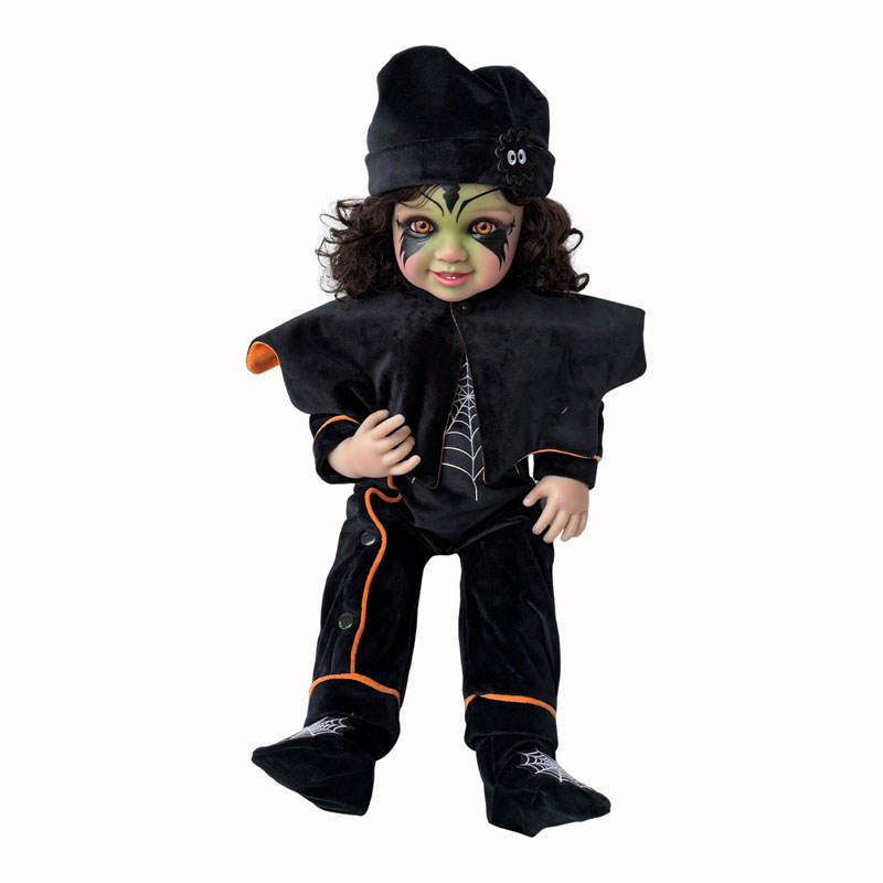 22 inch Halloween simulation vinyl rebirth doll brown curly hair spider web jumpsuit black cloak gift box toy