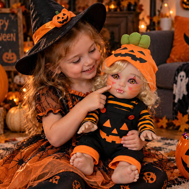 16 Inch Halloween Pumpkin Reborn Doll Blonde Curly Hair Open Eyes Full Vinyl Body Gifts