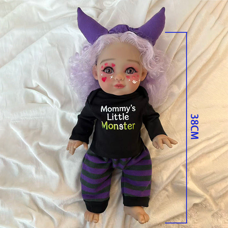 16 inch Halloween simulation reborn doll light purple curly hair love makeup devil horn hairband purple and black striped pants