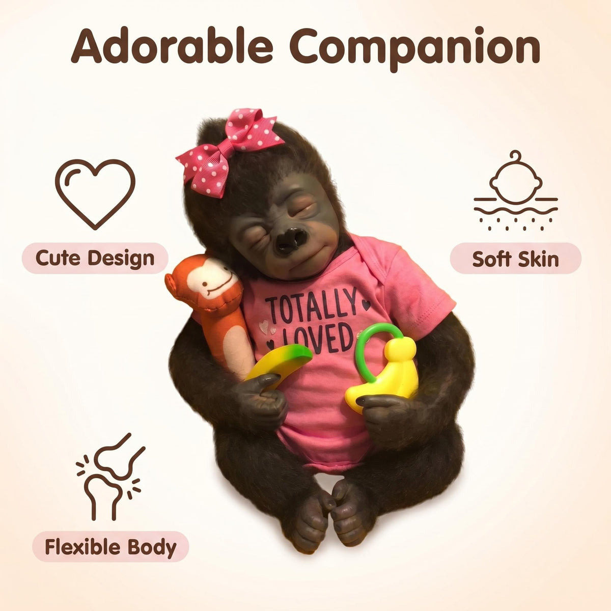 Muñeco mono reborn de 18 pulgadas con temática de animal realista, cuerpo de tela, ojos cerrados y piel peluda