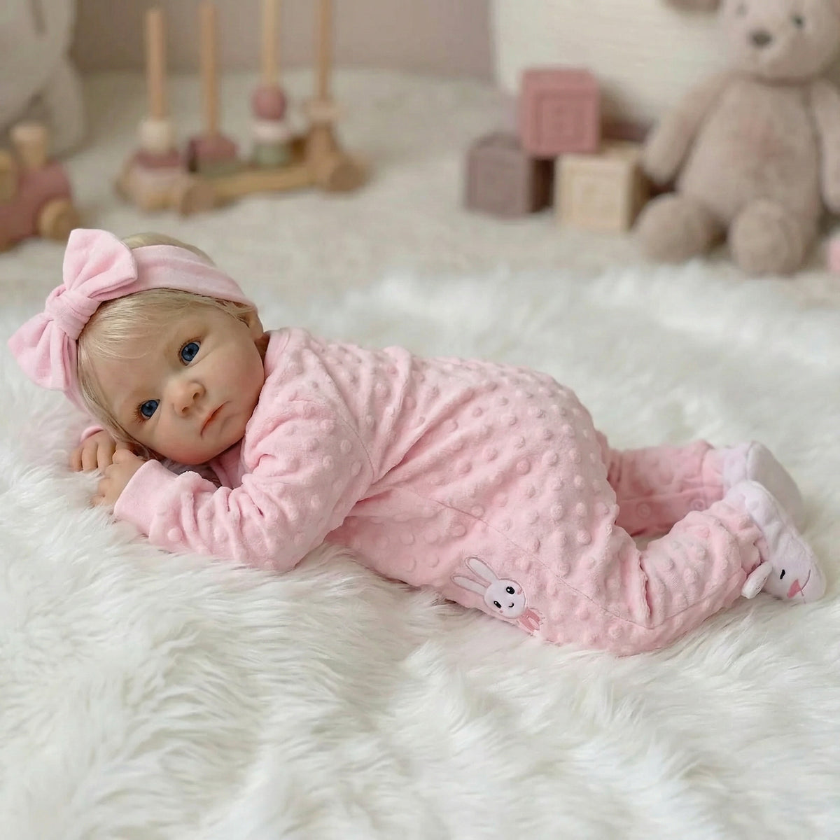 Muñeca reborn Bettie de vinilo completo de 18 pulgadas con mono de conejo rosa