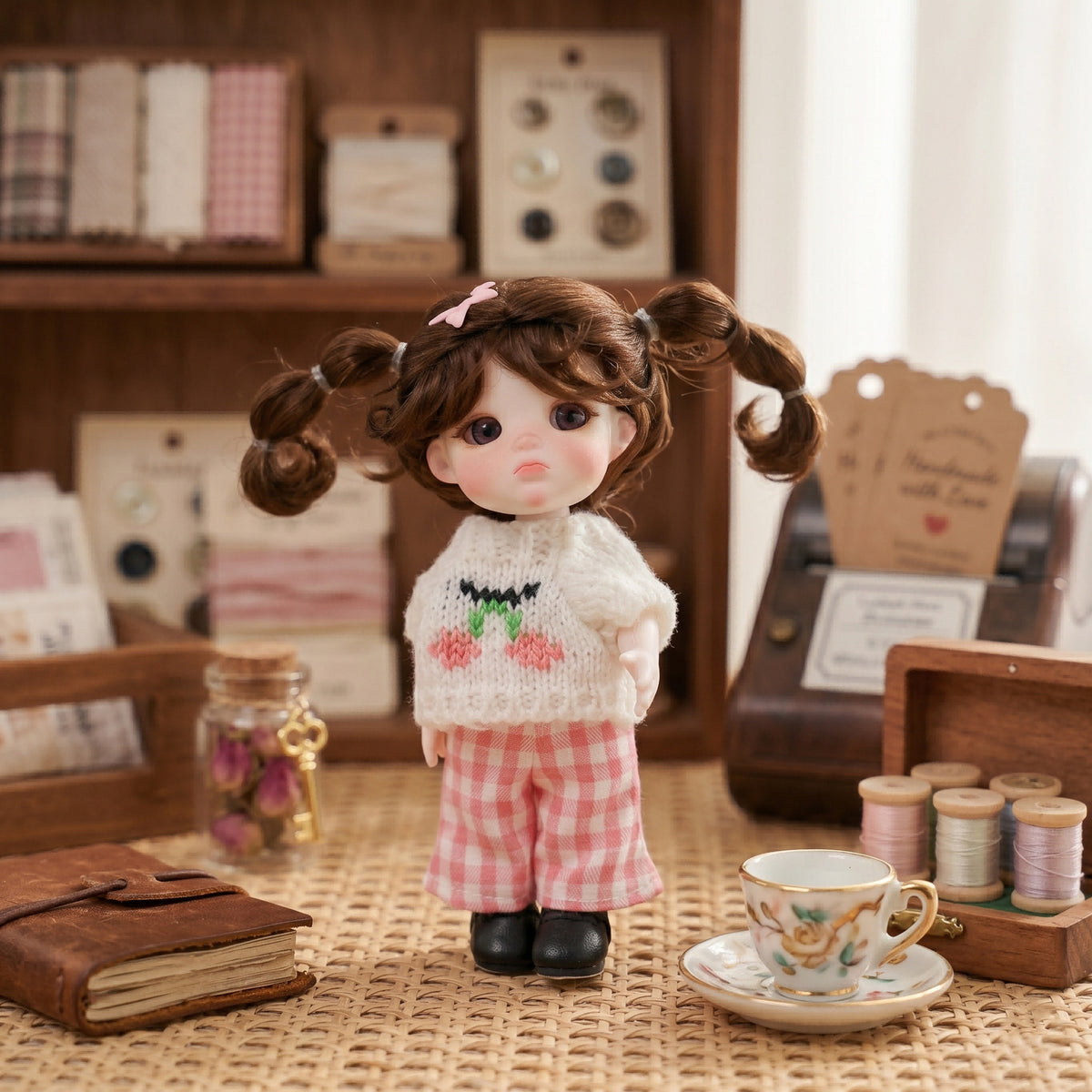 Mini muñeca de 6 pulgadas con cuerpo de cerámica, adorable conjunto de punto con cerezas y coletas, decoración de escritorio coleccionable, regalo