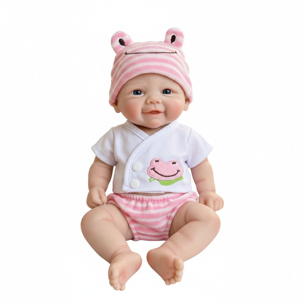 Muñeca reborn de silicona maciza de 12 pulgadas con gorro de rana rosa, muñeco de juguete de simulación como regalo