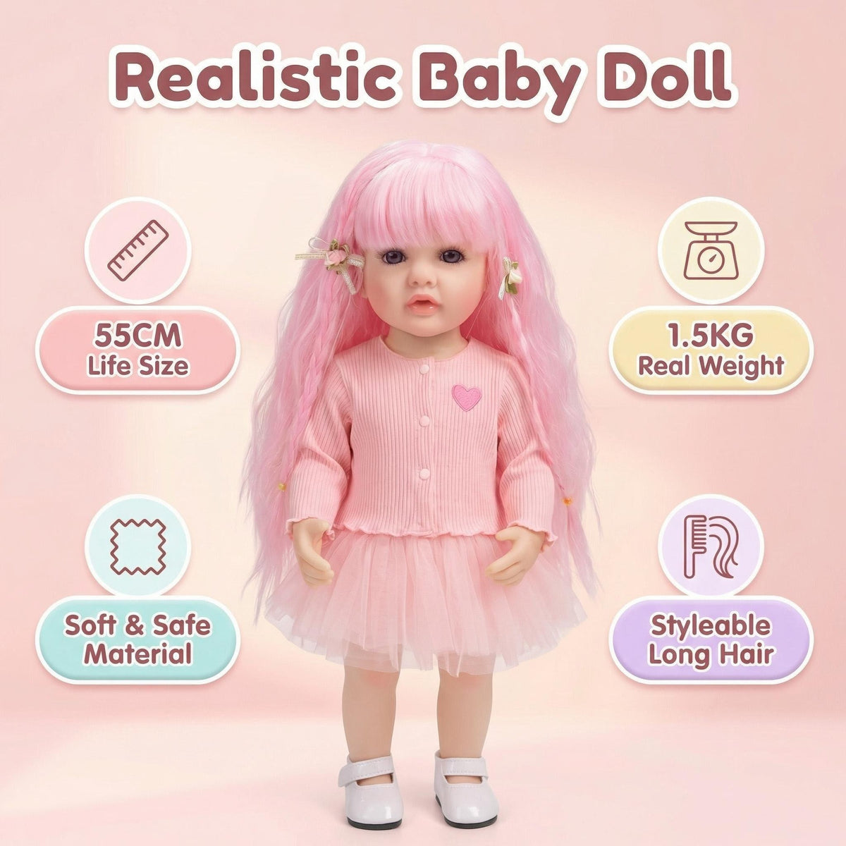 Muñeca Reborn de vinilo de cuerpo completo de 55 cm, modelo Betty, capaz de mantenerse de pie, con cabello rosa, venas pintadas en 3D y aspecto realista.
