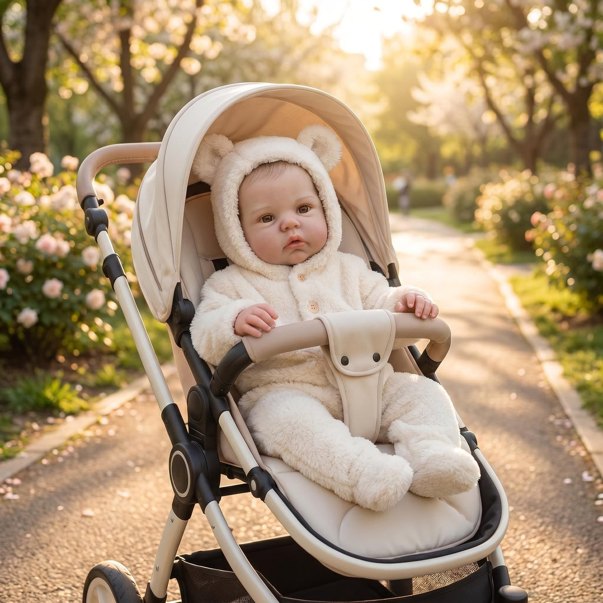 Muñeca bebé Reborn de 19 pulgadas con cuerpo de tela, despierta, con mono de felpa color crema con capucha de orejas de oso y pies, regalo ideal para cumpleaños, Navidad, juguete compañero adorable para niños y adultos coleccionistas de muñecas