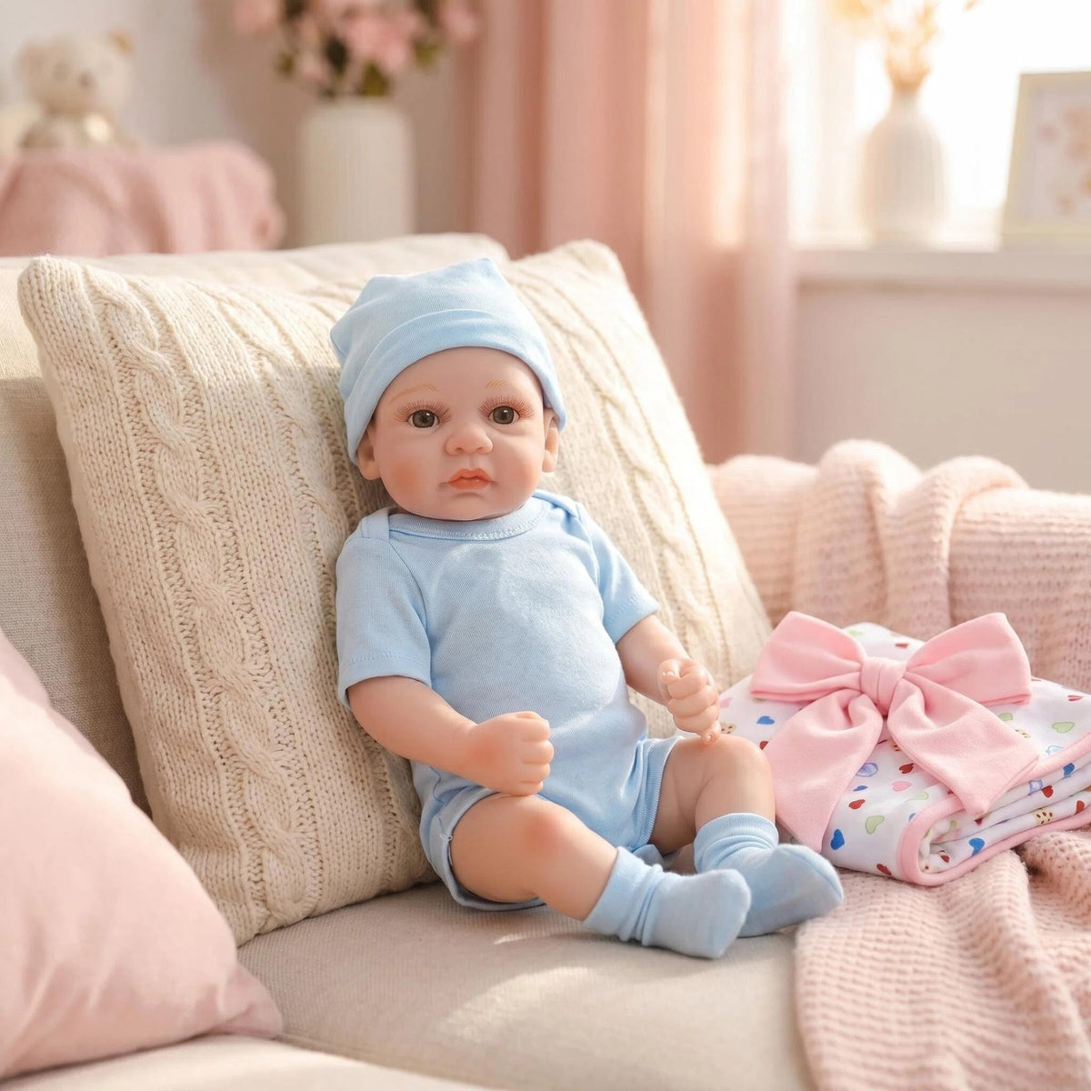 Muñeca Reborn de vinilo completo de 12 pulgadas con estilo clásico y sencillo para recién nacido, conjunto de ropa azul claro, juguete de colección de tamaño bolsillo