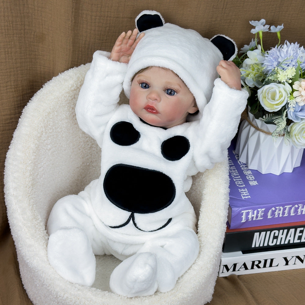 Muñeca bebé realista de vinilo completo de 18 pulgadas, enterizo de panda esponjoso, recuerdo atemporal para cumpleaños y temporadas de regalos navideños
