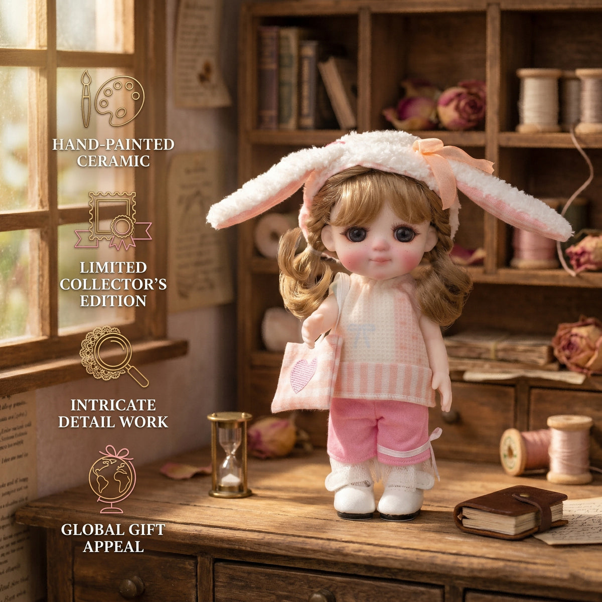 Mini muñeca de 6 pulgadas con cuerpo de cerámica, coletas adorables y traje de cuadros vichy amarillo, decoración de escritorio coleccionable, regalo