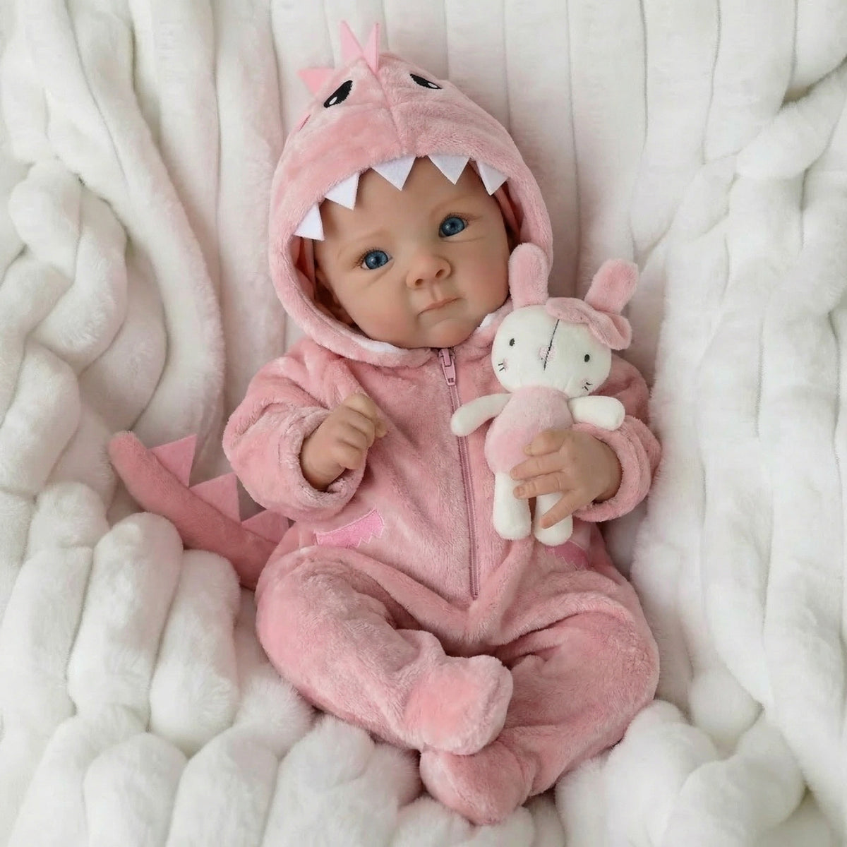 Muñeca reborn de vinilo completo Bettie de 18 pulgadas con mono de dinosaurio rosa