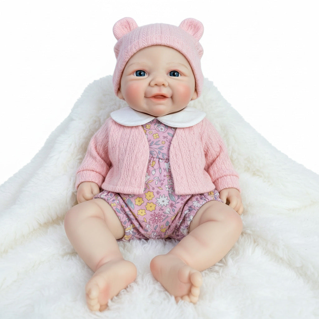 Muñeca reborn de silicona sólida de 12 pulgadas, chaqueta tipo cárdigan rosa, muñeca de juguete de simulación