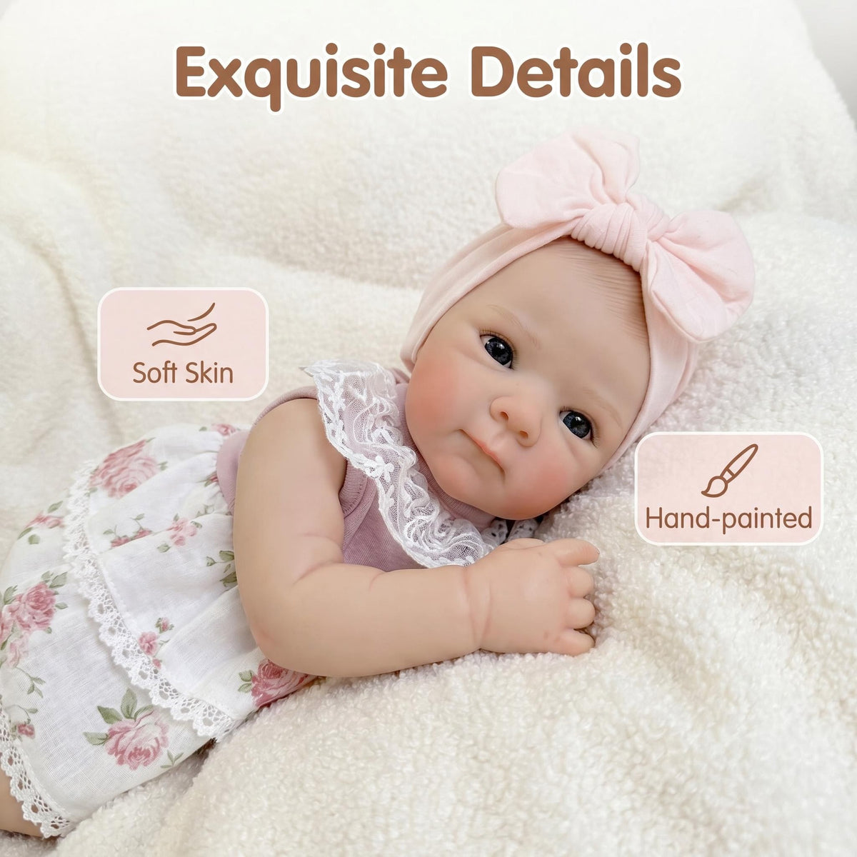 Muñeca Reborn de vinilo de cuerpo completo de 18 pulgadas con vestido de encaje floral, turbante con lazo rosa grande, ojos abiertos, estilo realista para exteriores, coleccionable para recién nacidos