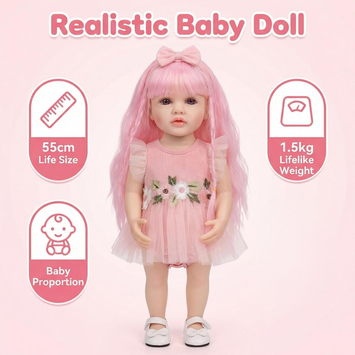 Muñeca Reborn de vinilo de cuerpo completo Betty de 22 pulgadas, niña realista con cabello rizado rosa, piel 3D realista con venas visibles, muñeca hecha a mano