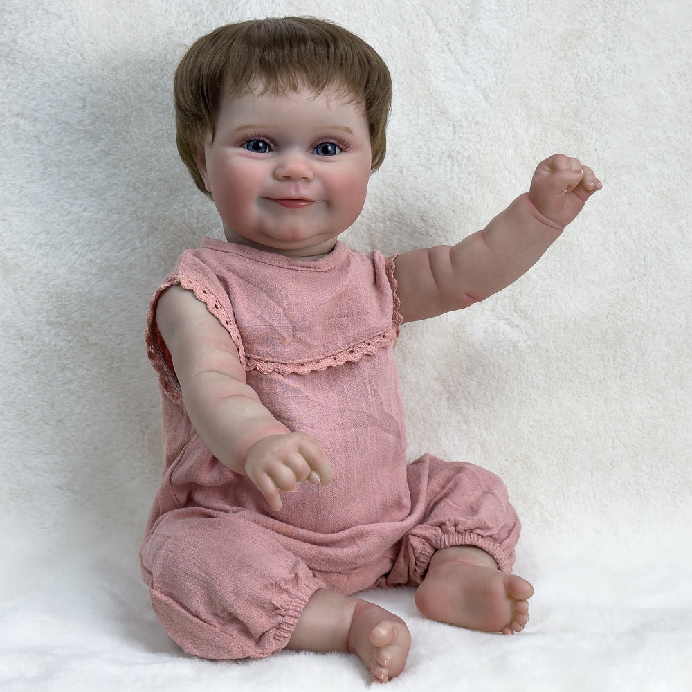 Muñeca coleccionable de vinilo de 20 pulgadas hiperrealista, cabello castaño corto y ojos azules brillantes, juguete de compañía para jugar y exhibir en casa