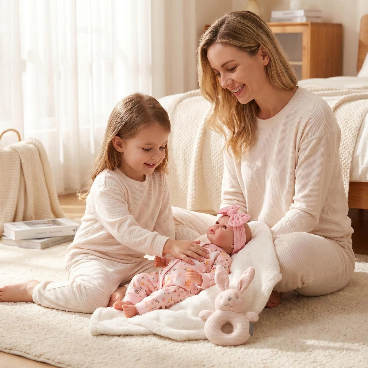 Muñeca Reborn de 19 pulgadas de tacto suave con cuerpo de vinilo completo, con un conjunto completo de adorable enterizo con cremallera y estampado de conejo floral, ideal para juegos de simulación y decoración de interiores