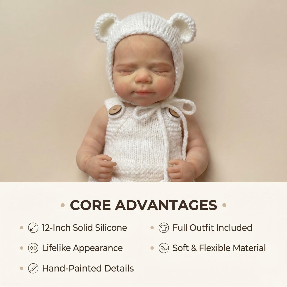 Muñeca reborn de 12 pulgadas con cuerpo de silicona completo, suéter blanco y gorro de oso, regalo de colección para vacaciones infantiles