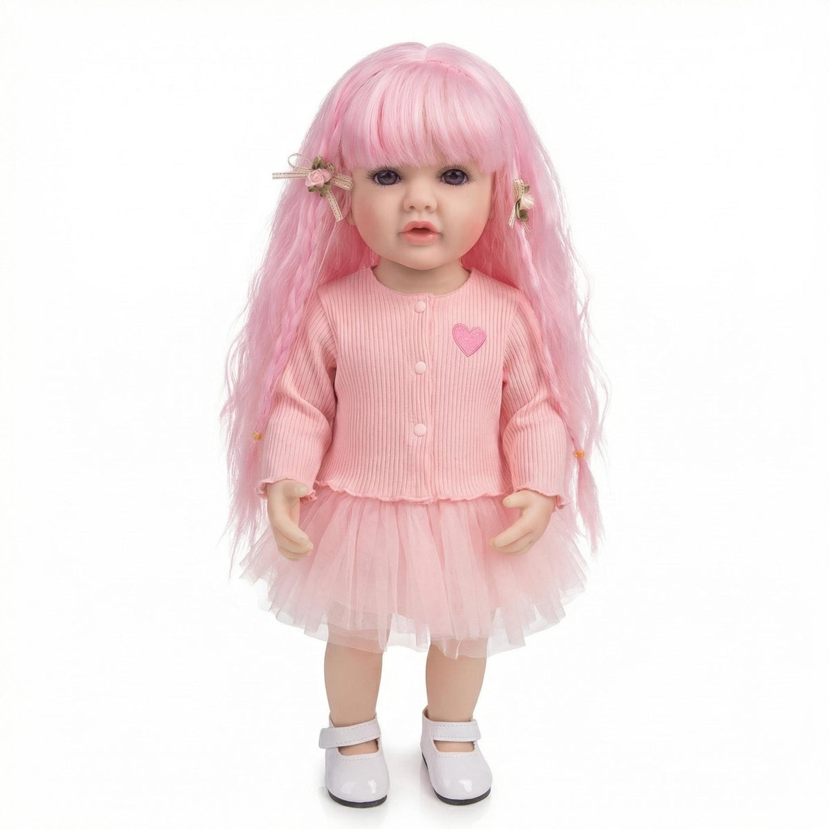 Muñeca Reborn de vinilo de cuerpo completo de 55 cm, modelo Betty, capaz de mantenerse de pie, con cabello rosa, venas pintadas en 3D y aspecto realista.