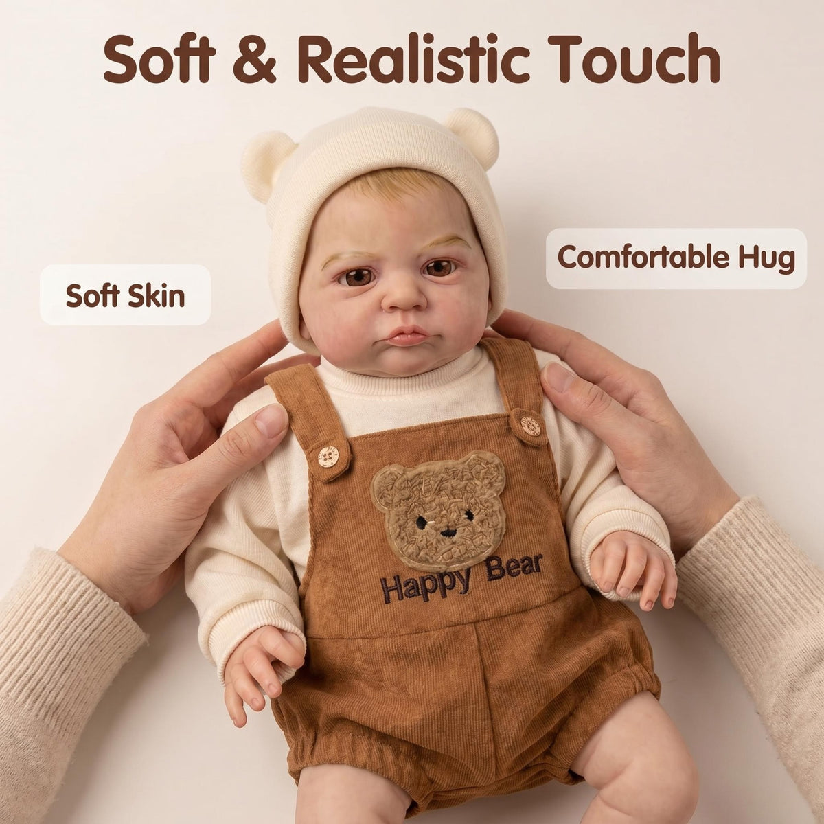 Muñeca Reborn de 19 pulgadas Comfort Hug con cuerpo de tela, gorro de oso color crema, rostro realista y detallado, perfecta para decoración de dormitorio, guardería o regalo.