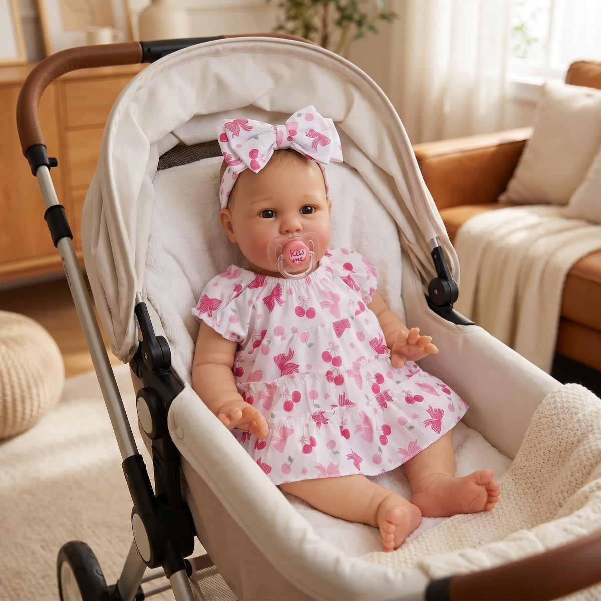 Muñeca bebé Reborn realista de 22 pulgadas con cuerpo de tela, vestido con estampado de cerezas, compañera relajante para regalos navideños