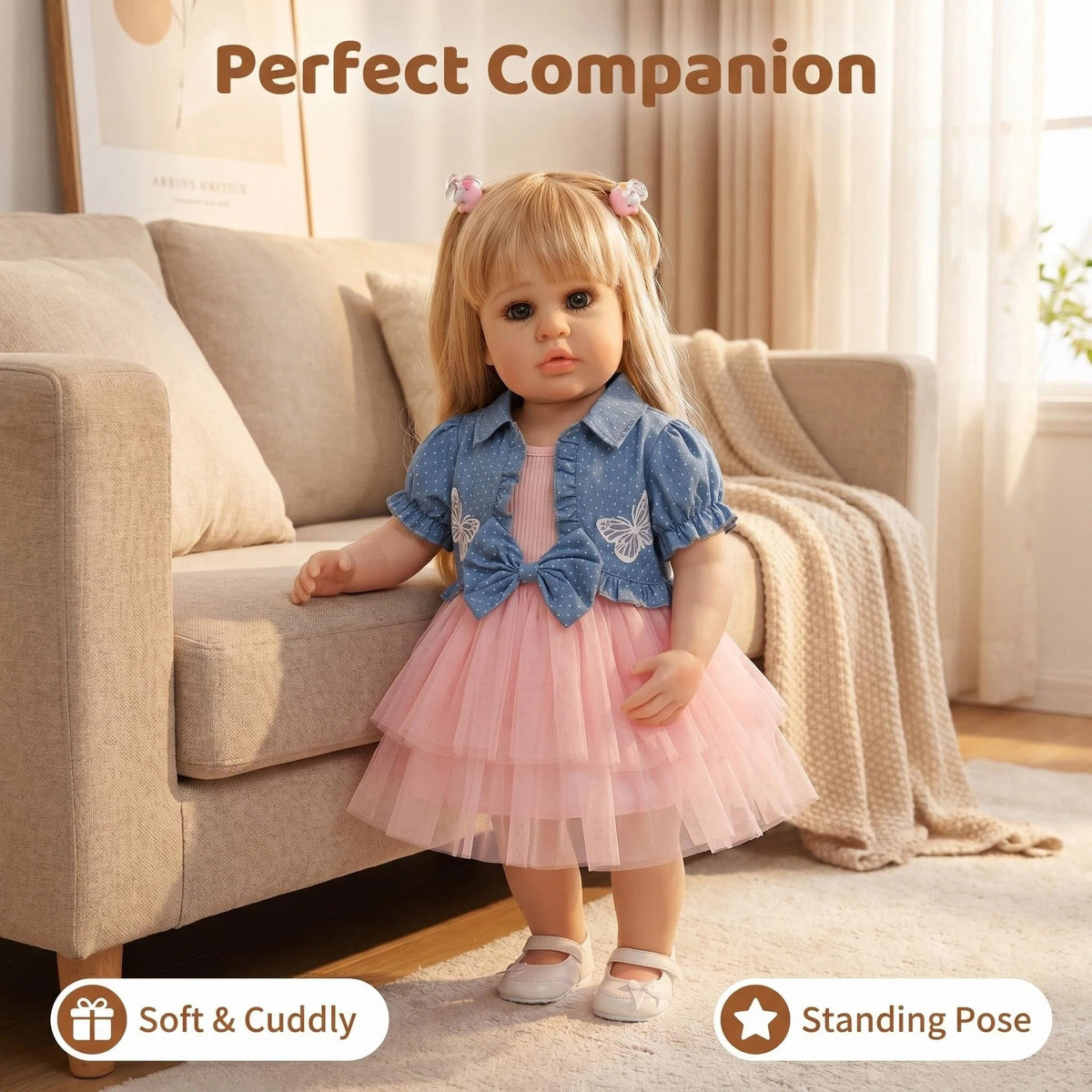 Muñeca Reborn realista de 22 pulgadas, cuerpo completo de vinilo, niña pequeña de pie con coletas rubias, conjunto de princesa, regalo festivo para niños y coleccionistas