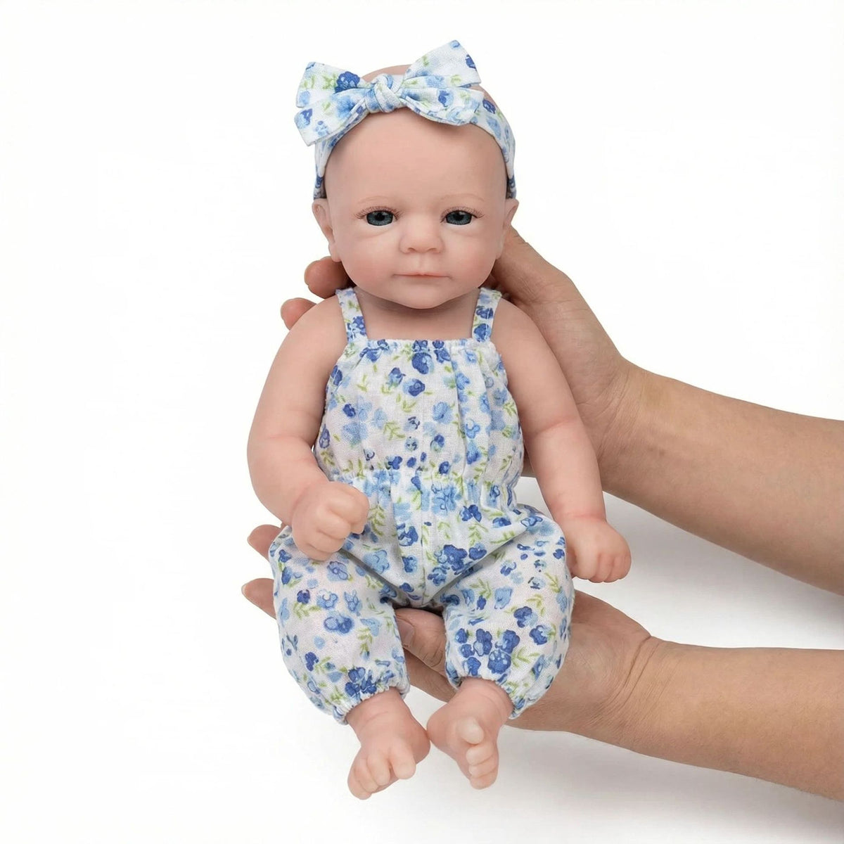 Enterizo de tirantes con estampado floral azul de 12 pulgadas, muñeco de silicona sólida de reencarnación, regalo de Navidad para niños