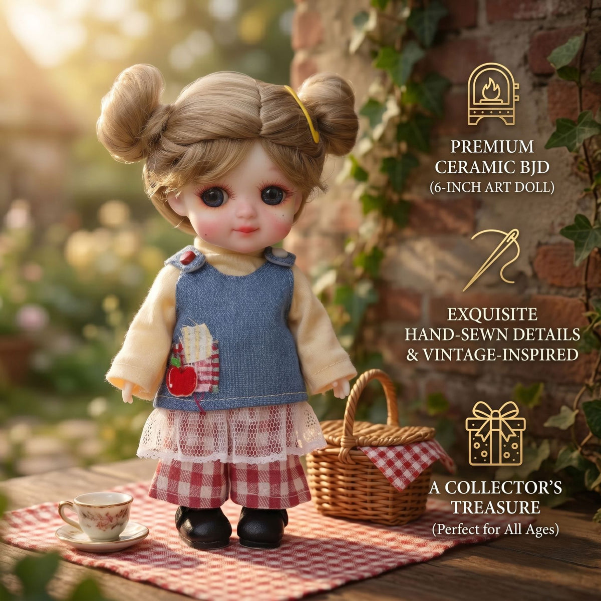 Mini muñeca de 6 pulgadas con cuerpo de cerámica, coletas adorables y traje de cuadros vichy amarillo, decoración de escritorio coleccionable, regalo