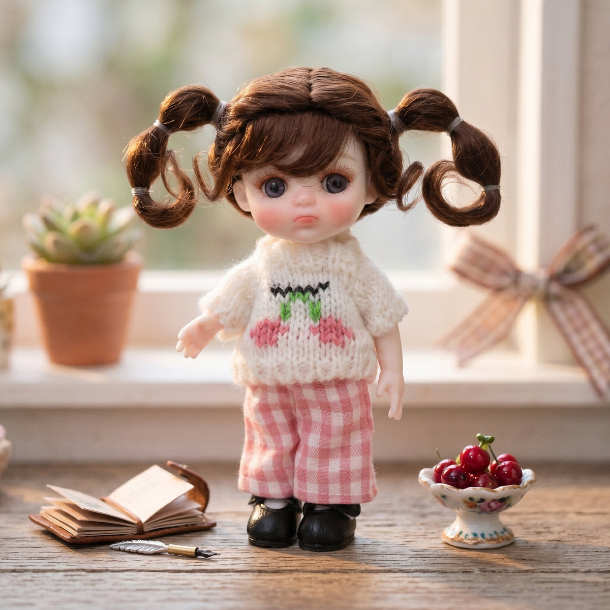 Mini muñeca de 6 pulgadas con cuerpo de cerámica, adorable conjunto de punto con cerezas y coletas, decoración de escritorio coleccionable, regalo