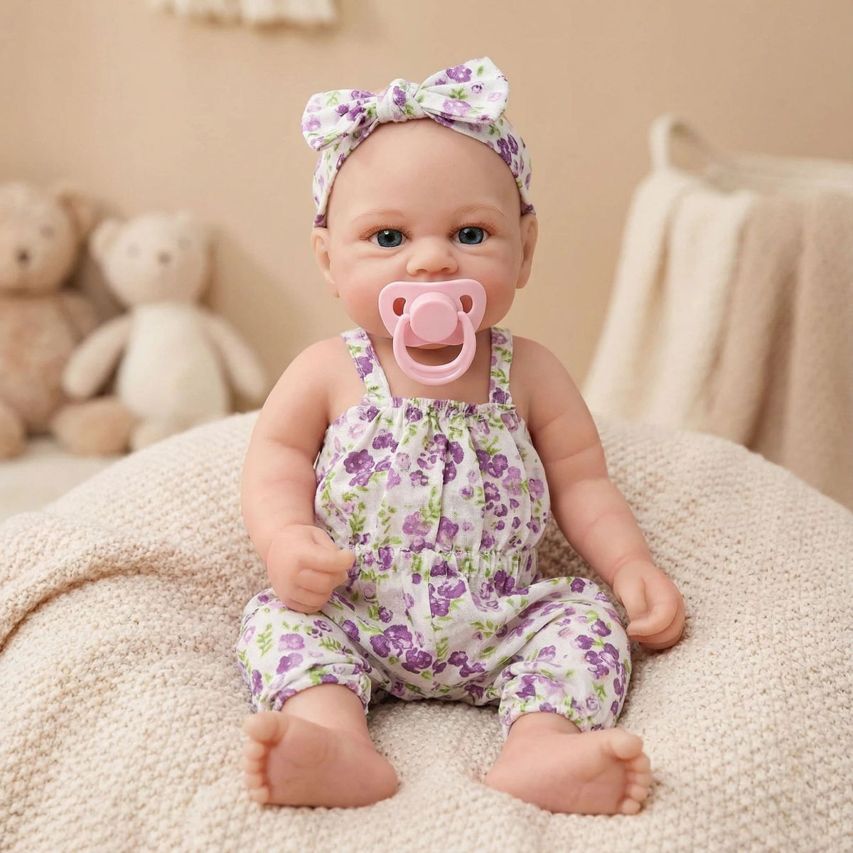 Muñeca reborn de silicona sólida de 12 pulgadas con enterizo floral morado
