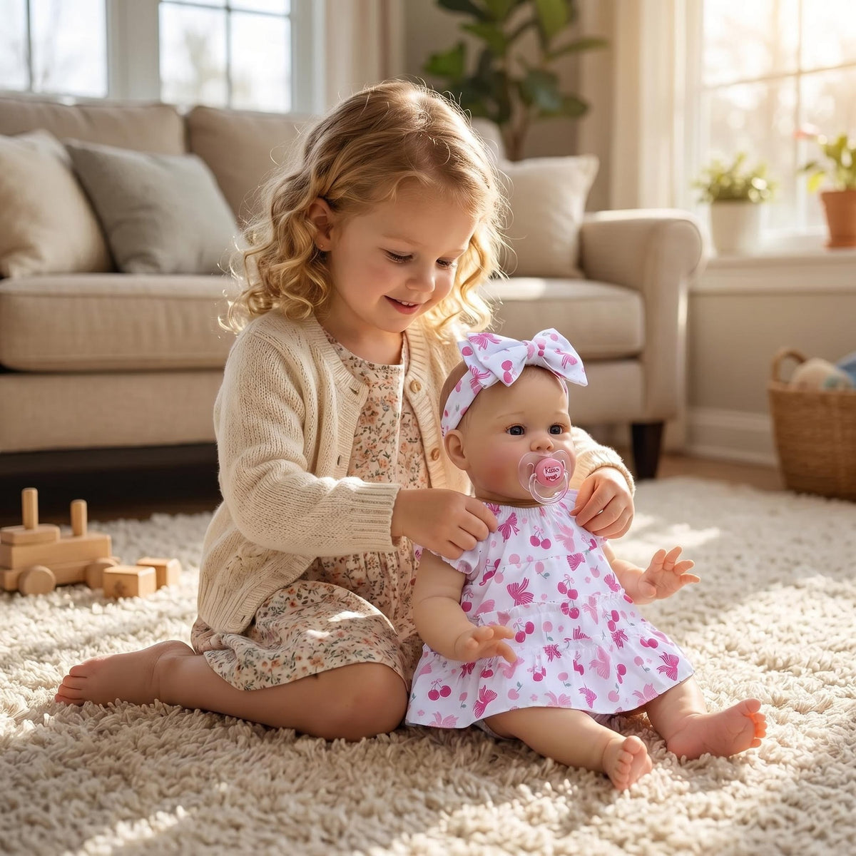 Muñeca bebé Reborn realista de 22 pulgadas con cuerpo de tela, vestido con estampado de cerezas, compañera relajante para regalos navideños