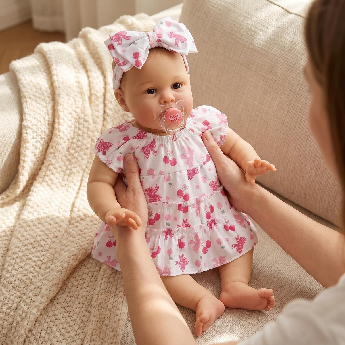 Muñeca bebé Reborn realista de 22 pulgadas con cuerpo de tela, vestido con estampado de cerezas, compañera relajante para regalos navideños